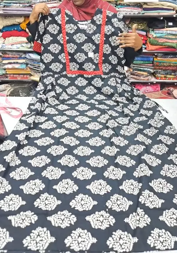 Pure Jaipur Cotton V-Neck Frock Maxi Nighty | NT3605